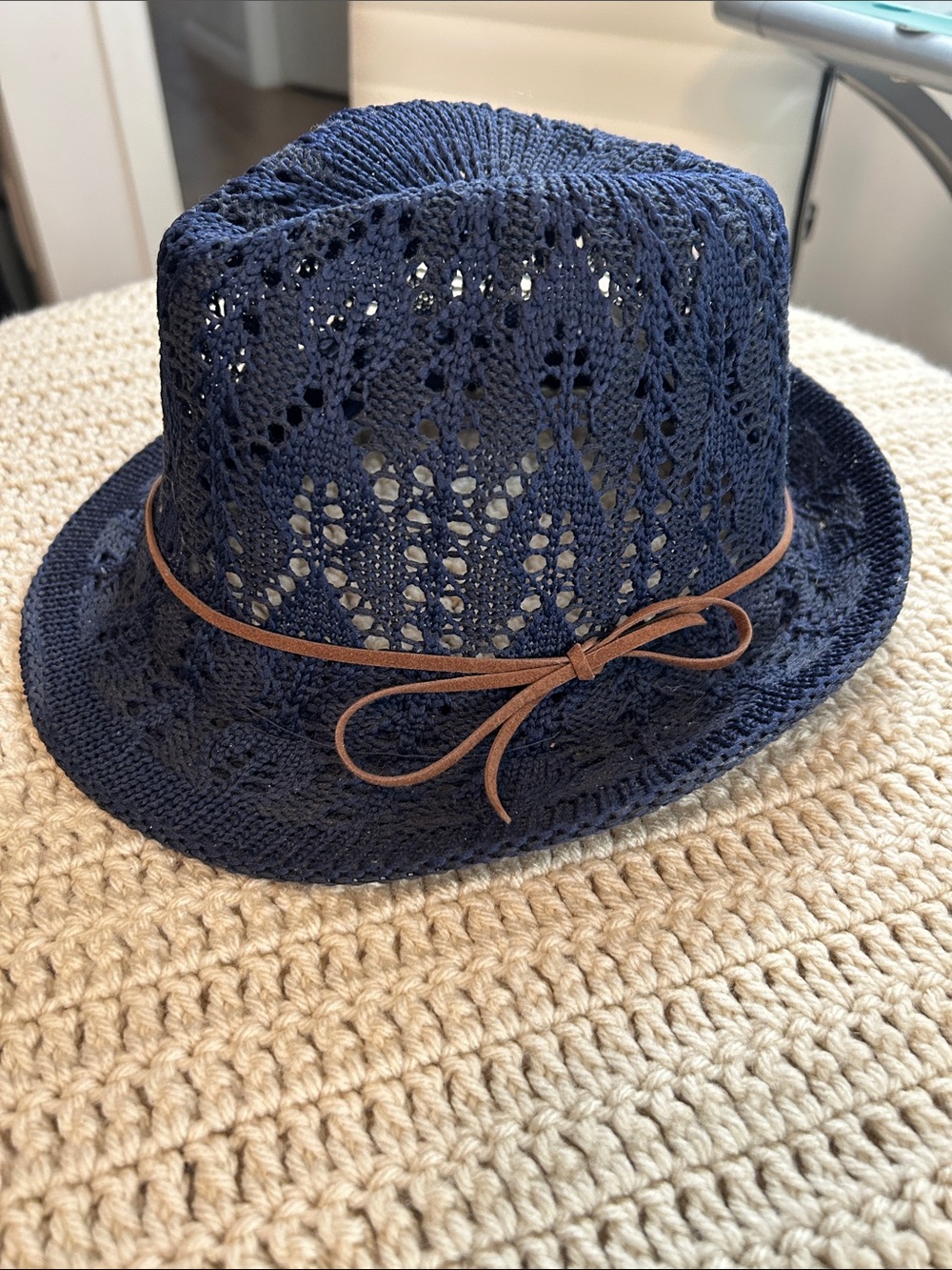 Navy Crochet Fedora Hat with Brown Bow Band